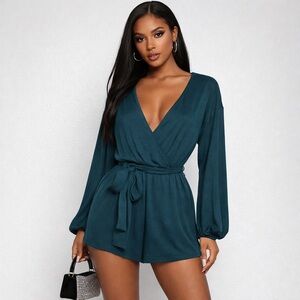 Princess Polly Romper Teal Green Wrap Long Sleeve
